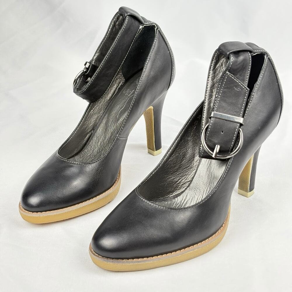 Welfare Black Leather Heels Pumps Ankle Strap Buckle Women’s Size EU 36 / US 5.5 - Picture 3 of 16